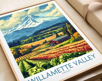 Puede incluir: Una ilustración colorida de un viñedo con un granero rojo y una montaña en el fondo. El texto "WILLAMETTE VALLEY OREGON" está en la parte inferior de la imagen.