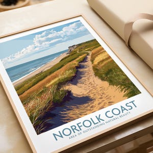 Norfolk Coast Travel Print, Coastal Wall Art, AONB Poster, Seaside Decor, Vintage Style Illustration, UK Landscape Gift