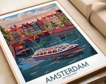 Amsterdam Travel Poster Print Wall Art Amsterdam Home Decor Amsterdam Cadeau Nederland Kunstwerk ingelijst en afgedrukt