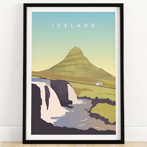 Iceland Print Travel Poster | Reykjavík Iceland Wall Art | Mount Kirkjufell Iceland | Iceland Home Decor Gift Idea