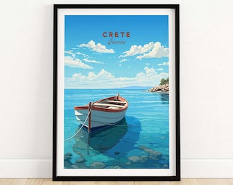 May include: A framed illustration of a boat in the water with the text "CRETE Greece" at the top of the image.
