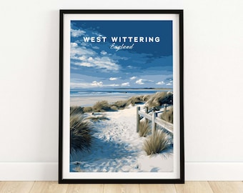 Arte mural de la playa de West Wittering, decoración costera, arte costero inglés, póster náutico, regalo de viaje para ella, escena portuaria del Reino Unido