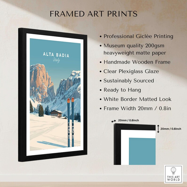 Alta Badia Italy Ski Resort Print - Dolomites Skiing Poster in a framed artwork display.