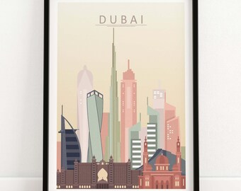 Dubai City Skyline Print Dubai Poster Dubai Wall Art Dubai Cityscape Home Decor Dubai Gift | Framed & Unframed Art Print