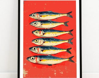 Sardines Print | Retro Seafood Kitchen Wall Art, Fish Illustration Food Decor