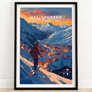 Val Thorens ski-posterafdruk Val Thorens Frankrijk kunst aan de muur skiën cadeau voor buitenliefhebbers Natuurafdruk wintersport