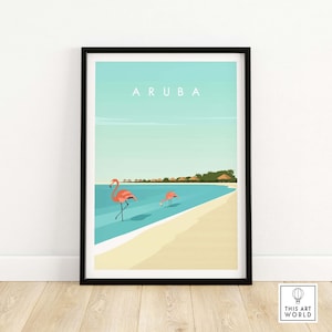 Aruba Wall Art Print | Aruba Travel Poster | Caribbean Island Beach Poster with Pink Flamingos