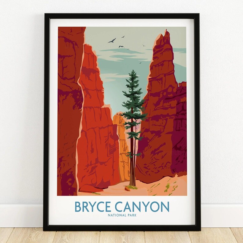 Bryce Canyon National Park art print in black frame, red rock formations, pine tree, home decor