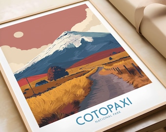 Póster de viaje del volcán Cotopaxi de Ecuador, impresión de paisaje de carretera, arte mural del parque nacional