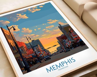 Póster de Memphis, Tennessee: Impresión arquitectónica icónica y arte mural de paisaje urbano. Decoración del horizonte de Memphis para el hogar o la oficina.