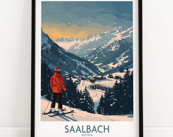 Wintersport muurdecoratie, cadeau voor skiërs, berghut, skihuisdecoratie, Saalbach skihut print, huisdecoratie, skikamer kunst, familiecadeau