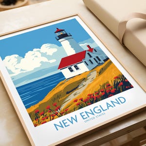 New England Wall Art Print Travel Poster New England muur decor New England kunstliefhebbers cadeau New England illustratie kunst cadeau