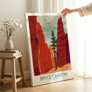 Bryce Canyon National Park canvas print with red rock formations, tree, and modern wall art decor setting