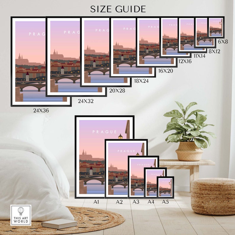 May include: Framed art prints featuring a stylized illustration of Prague, with a bridge and buildings under a pastel sky. Various sizes are displayed, including 6x8 inches to 24x36 inches. The text "PRAGUE" is visible on the prints.