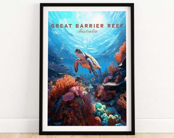 May include: A green sea turtle swims through a vibrant coral reef in the Great Barrier Reef, Australia. The turtle is surrounded by colorful coral and fish.