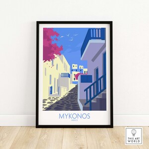 Impressão de Mykonos | Pôster de viagem grego | Pôster de Mykonos, Grécia | Arte de parede de Mykonos | Obras de arte de Mykonos emolduradas e sem moldura | Presente de Mykonos