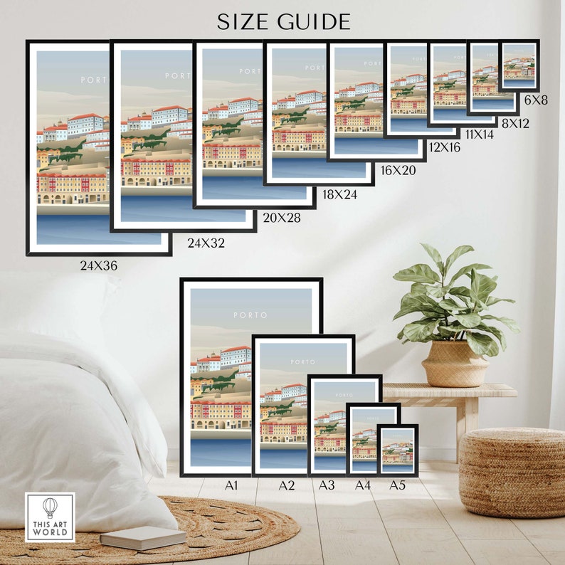 May include: Size guide for art prints featuring a colorful illustration of the city of Porto, Portugal. The guide shows different print sizes, ranging from 6x8 inches to 24x36 inches.
