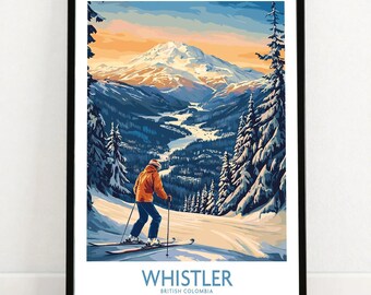 Lámina artística de esquí de Whistler, decoración de pared para cabaña de esquí en Canadá, póster para habitación de deportes de invierno, paisaje de montaña, regalo de esquí, arte de chalet