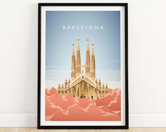 Barcelona Print | Travel Poster | Barcelona Wall Art | City Skyline | Spain Wall Decor | Sagrada Familia Art | Spanish Travel Gift Artwork