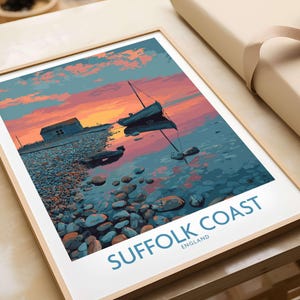 Suffolk Coast Poster UK Travel Print - Tranquil Evening Seascape Wall Art England Beach Decor