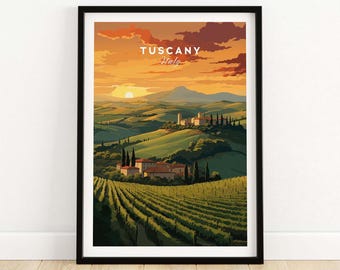 May include: A vintage travel poster featuring a scenic view of rolling hills and vineyards in Tuscany, Italy. The poster has a sunset sky with the text "Tuscany Italy" in a white box.