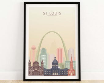 Op de afbeelding: Een minimalistische illustratie van de skyline van St. Louis met de iconische Gateway Arch, een kathedraal en andere gebouwen in pastelkleuren tegen een lichtbeige achtergrond.