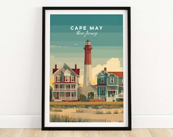 May include: A framed art print featuring a stylized illustration of Cape May, New Jersey. The artwork depicts a red and white lighthouse, two colorful houses, and the text "Cape May New Jersey" in a vintage style. The scene is set against a blue and green sky.