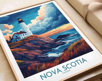 May include: A white lighthouse with a red roof stands on a rocky cliff overlooking a blue ocean. The sky is a vibrant blue with fluffy white clouds. The text "NOVA SCOTIA CANADA" is printed in blue at the bottom of the image.