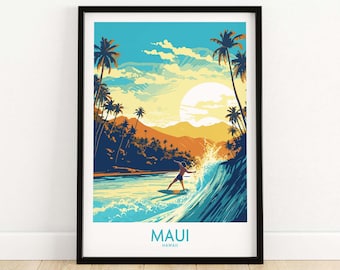 May include: A colorful illustration of a surfer riding a wave in front of a palm tree lined beach with mountains in the background. The sun is setting and the sky is a mix of blue, yellow, and orange. The text "MAUI HAWAII" is at the bottom of the image.