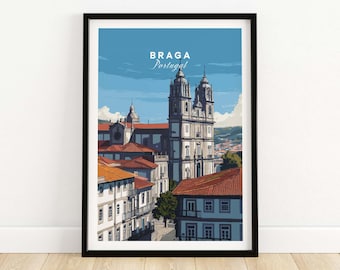 May include: A framed art print featuring a stylized illustration of Braga, Portugal. The image showcases a detailed view of the city's architecture, including a prominent cathedral with twin bell towers, set against a blue sky. The word "Braga" and "Portugal" are written at the top.