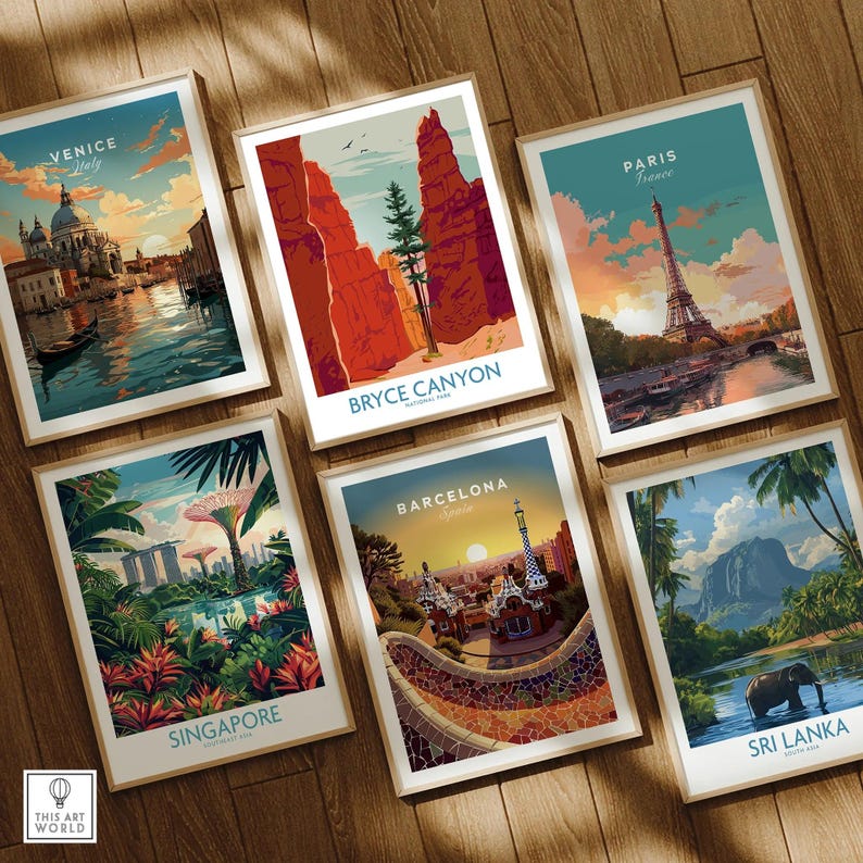 Set of six framed travel art prints featuring Venice, Bryce Canyon, Paris, Singapore, Barcelona, and Sri Lanka on a wooden floor.