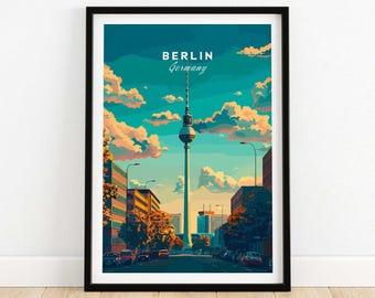 Pode incluir: Uma ilustração colorida do horizonte de Berlim com a icônica torre Fernsehturm, com um céu azul e nuvens brancas ao fundo. O texto "BERLIN Germany" está no topo da imagem.