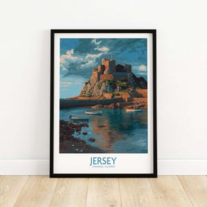 Jersey Channel Islands Art Print - Mont Orgueil Castle depicting the iconic fortress and coastal scenery.