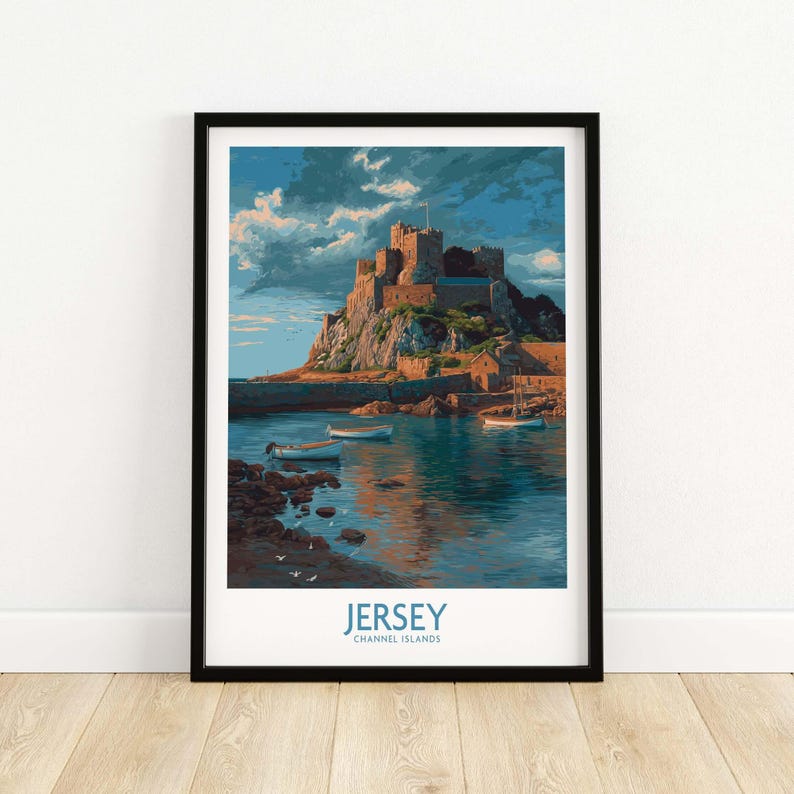 Jersey Channel Islands Art Print - Mont Orgueil Castle depicting the iconic fortress and coastal scenery.
