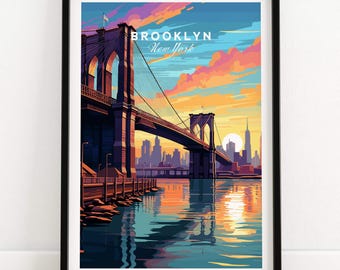 Brooklyn Bridge Print Travel Poster, Vintage New York Wall Art, Cityscape Decor, Gift for Travelers & New York Lovers