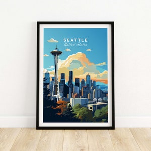 May include: A colorful illustration of the Seattle skyline, featuring the Space Needle and other buildings. The text "Seattle, United States" is at the top of the image.