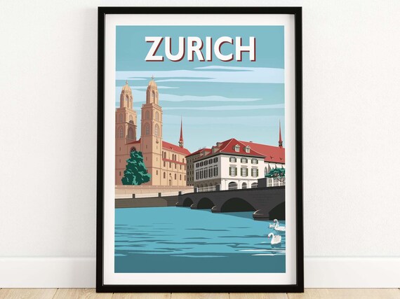 Zurich Switzerland Travel Poster Print, Vintage Travel Art, Swiss Skyline, European City Wall Decor, Wanderlust Gift, Home Office Display