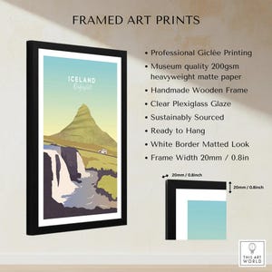 Framed Iceland Kirkjufell travel poster print with waterfall, mountain, and car, ready to hang wall art