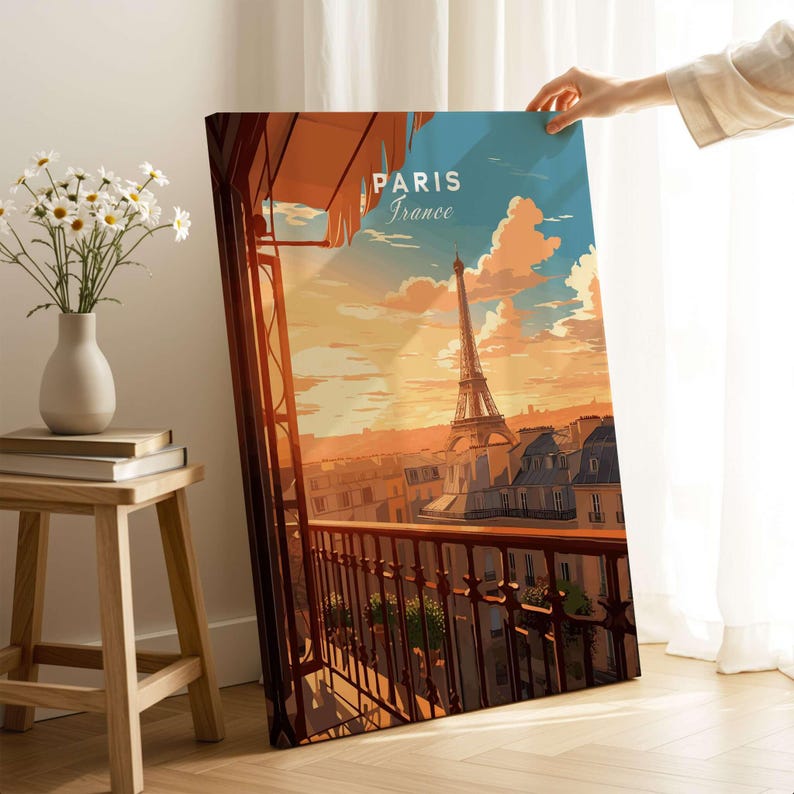Paris Eiffel Tower Poster featuring a sunset view from a balcony in a Parisian setting with intricate details.