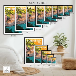 Op de afbeelding: Een maattabel voor kunstprints met een kleurrijke illustratie van de Italiaanse stad Portofino. De tabel toont verschillende afdrukformaten in inches, vari&euml;rend van 6x8 tot 24x36. De illustratie toont een kuststad met kleurrijke gebouwen, palmbomen en een turquoise blauwe zee.
