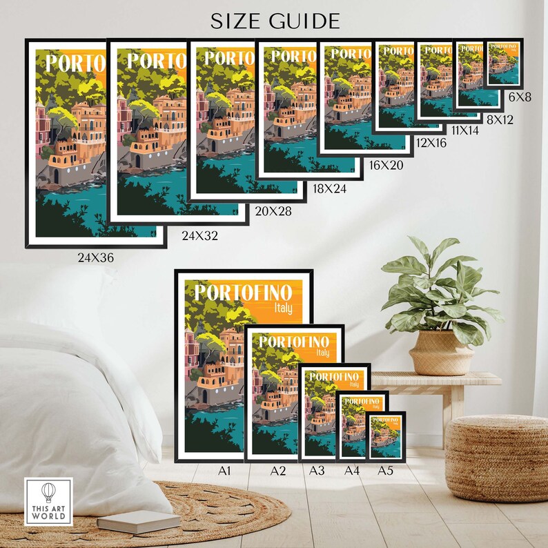 Op de afbeelding: Een maattabel voor kunstprints met een kleurrijke illustratie van de Italiaanse stad Portofino. De tabel toont verschillende afdrukformaten in inches, vari&euml;rend van 6x8 tot 24x36. De illustratie toont een kuststad met kleurrijke gebouwen, palmbomen en een turquoise blauwe zee.