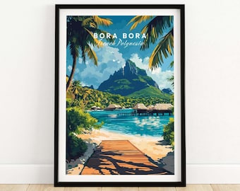 May include: A colorful illustration of Bora Bora, French Polynesia, featuring a lush green island with a mountain peak, turquoise water, and a wooden walkway leading to overwater bungalows.