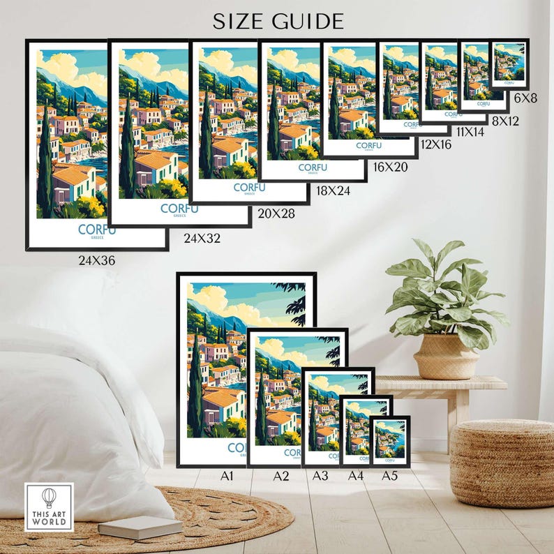 Size guide for Corfu landscape art print, showcasing various frame sizes for wall decor.