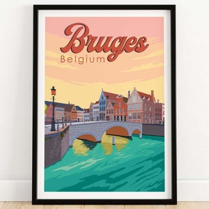 Bruges Print | Belgium Travel Poster | Bruges Wall Art | Bruges Skyline Print with Bridge at Sunset | Belgian Artwork | Bruges Gift Idea