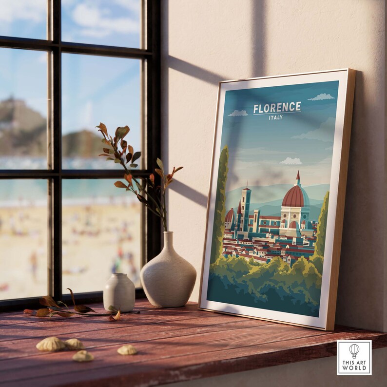 May include: A vintage-style travel poster featuring a colorful illustration of the Florence skyline, including the Duomo, with the text "FLORENCE ITALY" at the top.