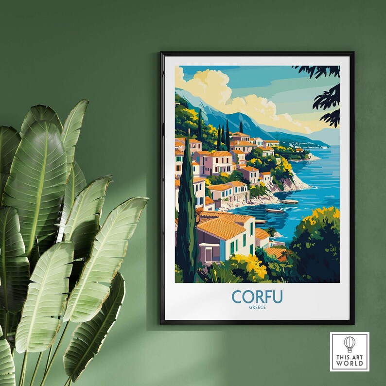 Vibrant Corfu landscape art print showcasing Mediterranean scenery in vintage style, perfect for wall decor.