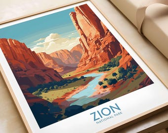 May include: A framed print featuring a stylized landscape of Zion National Park. The artwork depicts a canyon with red rock formations, a blue river, and green vegetation under a blue sky. The text "ZION NATIONAL PARK" is at the bottom.