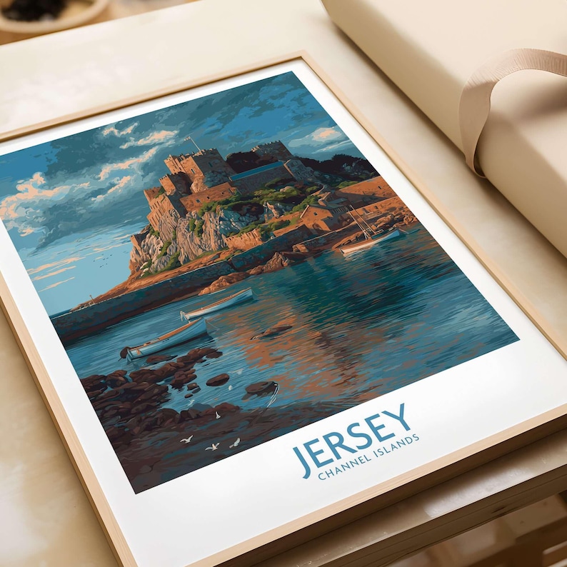 Jersey Channel Islands Art Print - Mont Orgueil Castle featuring a scenic view of the historic fortress above the calm sea.