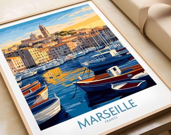 France Travel Poster - Marseille Harbour Print, European City Scene Art