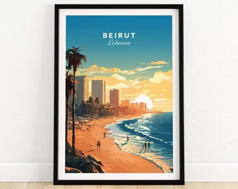 May include: A colorful illustration of the Beirut skyline with palm trees, a beach, and the ocean. The text "BEIRUT Lebanon" is at the top of the image.